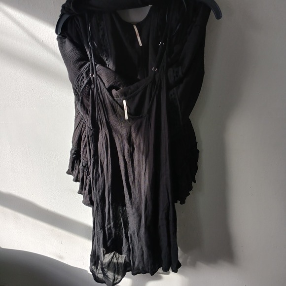 Free People Size Small‎ Snow Angel Mini Dress Black Long Sleeve Bohemian Slip - Picture 9 of 13